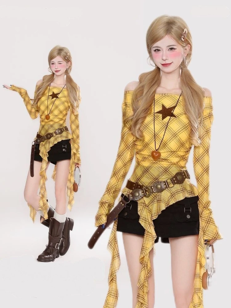 Y2K Plaid Slash Neck Vintage T - đánh giá và giá Vintage Women Fashion