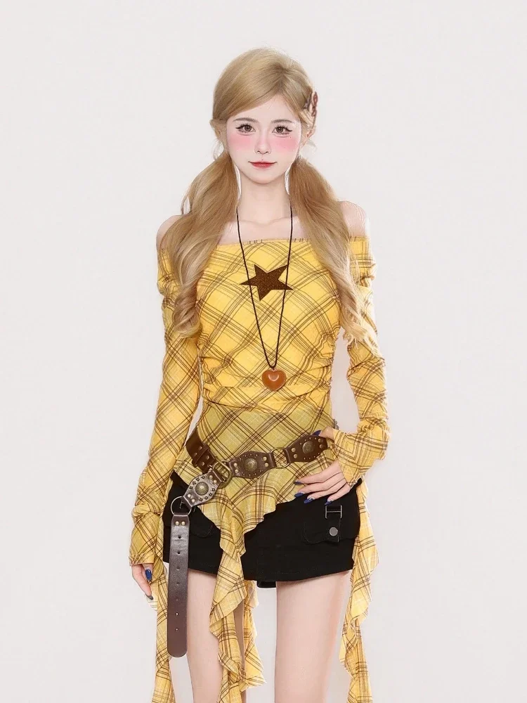 Y2K Plaid Slash Neck Vintage T - đánh giá và giá Vintage Women Fashion