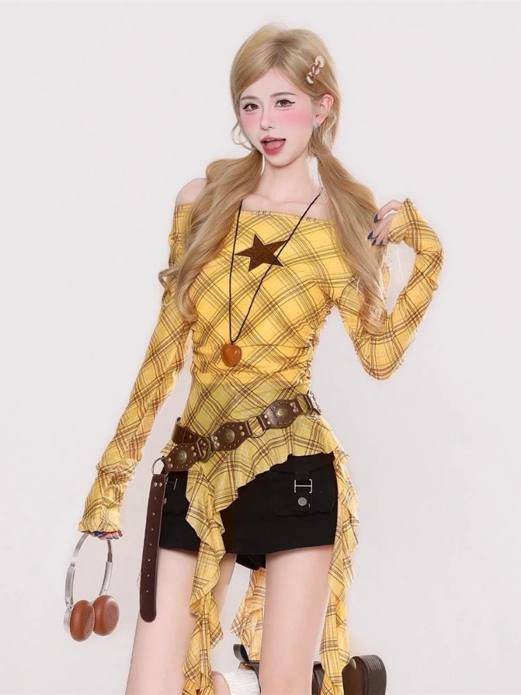 Y2K Plaid Slash Neck Vintage T - đánh giá và giá Vintage Women Fashion